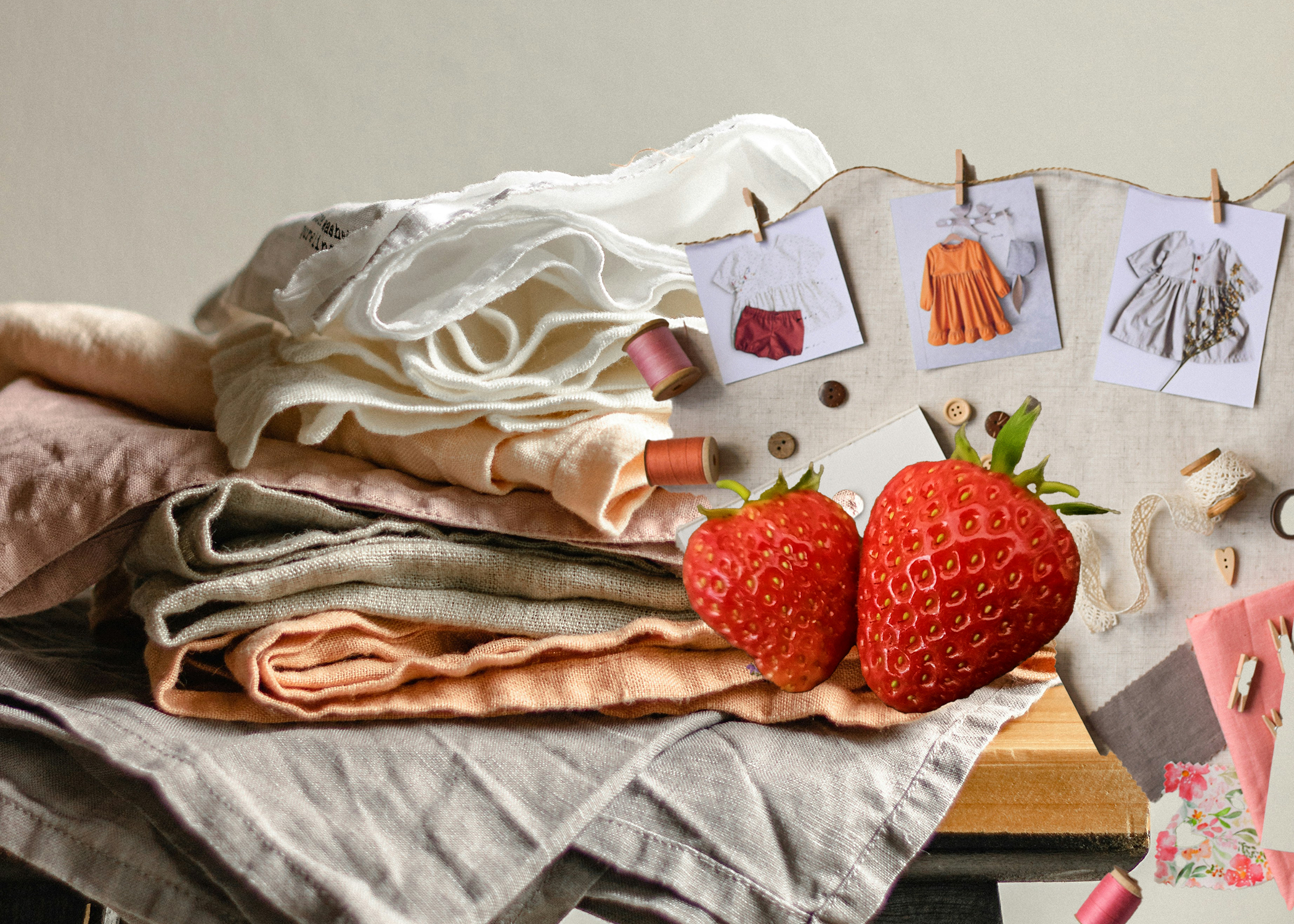 Creative sewing workspace with thrifted fabrics